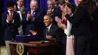 Le président Barack Obama après la signature de la loi "Every Student Succeeds Act", le 10 décembre 2015,  en lien avec la réforme de l'Education.