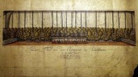 Reproduction d'une gravure intitulée « La Fête à l'Orangerie de Schönbrunn », réalisée par Johann Hieronymus Loeschenkohl, montrant le premier de deux opéras écrits par Mozart et Salieri à la cour impériale d'Autriche, en 1786.