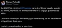 La Phrase : « Sur CNews le ministre Jean-Pierre Farandou parle de “fête du travail” au sujet du 1er mai, reprenant les mêmes éléments de langage que Pétain et Vichy »